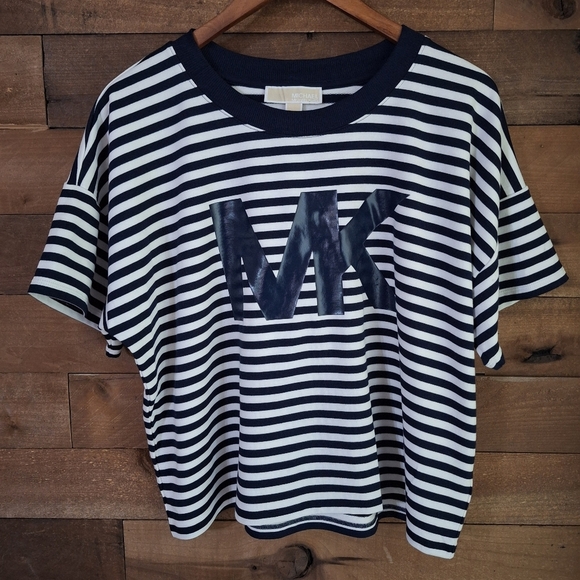 Michael Kors MK Logo Striped Tee Shirt Size Large - Picture 1 of 6